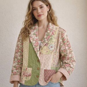 Handmade Patchwork Quilt Jacket Womens Sz M Pastel Floral Pockets Cottagecore